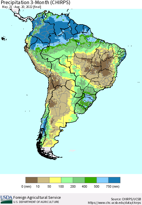 South America Precipitation 3-Month (CHIRPS) Thematic Map For 5/21/2022 - 8/20/2022