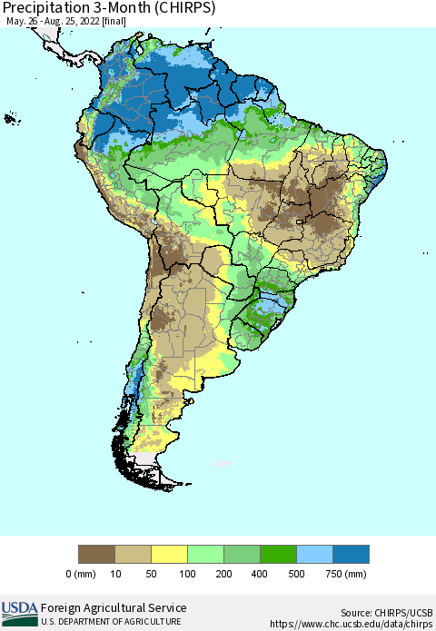 South America Precipitation 3-Month (CHIRPS) Thematic Map For 5/26/2022 - 8/25/2022