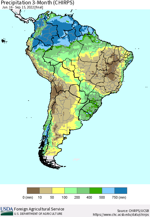South America Precipitation 3-Month (CHIRPS) Thematic Map For 6/16/2022 - 9/15/2022