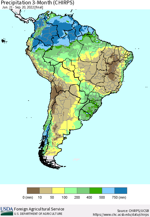 South America Precipitation 3-Month (CHIRPS) Thematic Map For 6/21/2022 - 9/20/2022