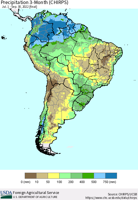 South America Precipitation 3-Month (CHIRPS) Thematic Map For 7/1/2022 - 9/30/2022