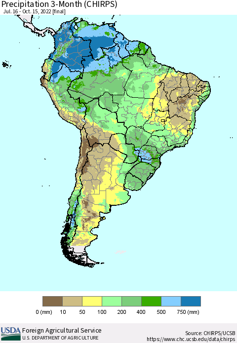 South America Precipitation 3-Month (CHIRPS) Thematic Map For 7/16/2022 - 10/15/2022