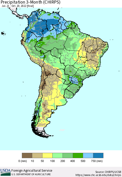 South America Precipitation 3-Month (CHIRPS) Thematic Map For 7/21/2022 - 10/20/2022