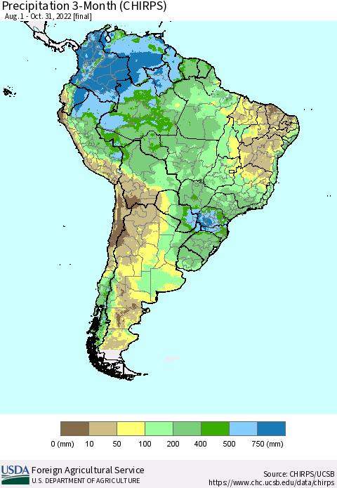 South America Precipitation 3-Month (CHIRPS) Thematic Map For 8/1/2022 - 10/31/2022