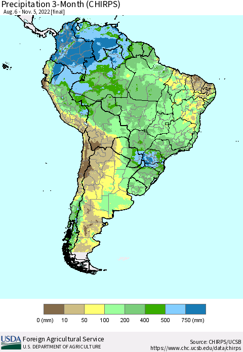 South America Precipitation 3-Month (CHIRPS) Thematic Map For 8/6/2022 - 11/5/2022