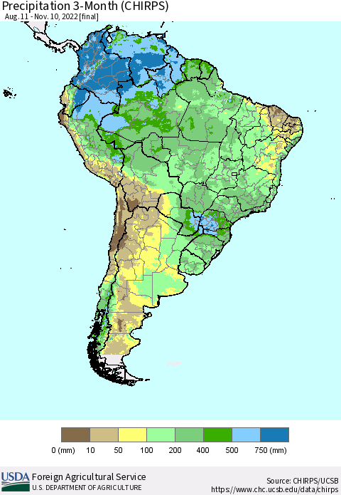South America Precipitation 3-Month (CHIRPS) Thematic Map For 8/11/2022 - 11/10/2022