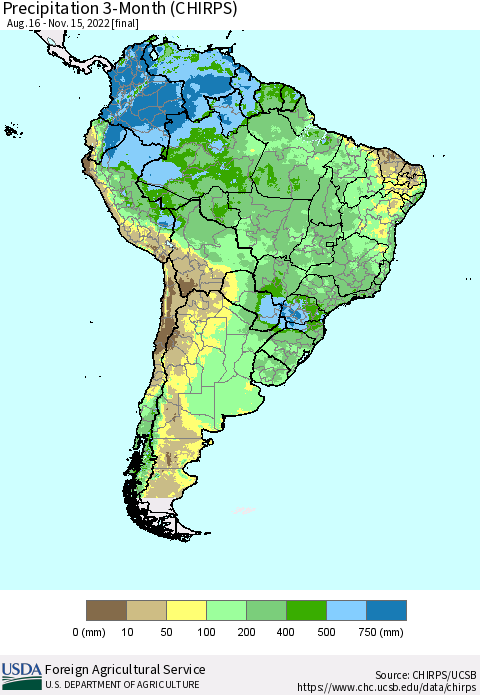 South America Precipitation 3-Month (CHIRPS) Thematic Map For 8/16/2022 - 11/15/2022