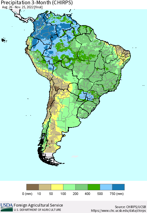 South America Precipitation 3-Month (CHIRPS) Thematic Map For 8/26/2022 - 11/25/2022