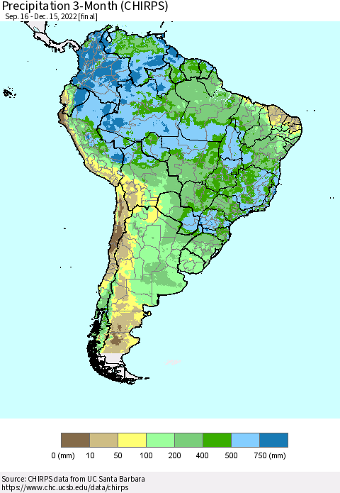 South America Precipitation 3-Month (CHIRPS) Thematic Map For 9/16/2022 - 12/15/2022