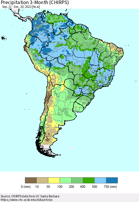 South America Precipitation 3-Month (CHIRPS) Thematic Map For 9/21/2022 - 12/20/2022