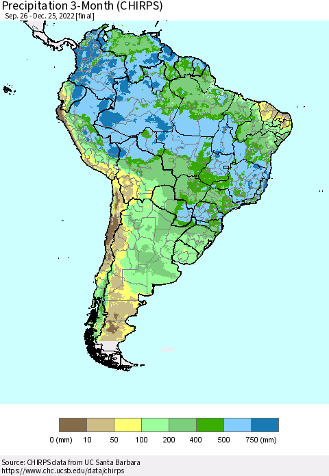 South America Precipitation 3-Month (CHIRPS) Thematic Map For 9/26/2022 - 12/25/2022