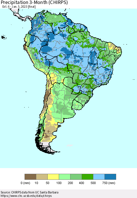 South America Precipitation 3-Month (CHIRPS) Thematic Map For 10/6/2022 - 1/5/2023