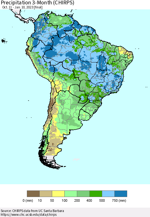 South America Precipitation 3-Month (CHIRPS) Thematic Map For 10/11/2022 - 1/10/2023