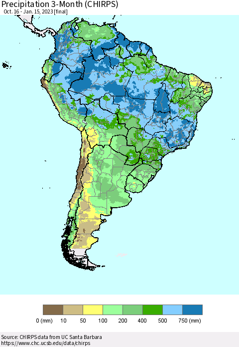 South America Precipitation 3-Month (CHIRPS) Thematic Map For 10/16/2022 - 1/15/2023