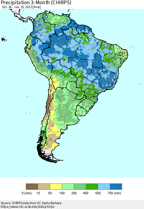 South America Precipitation 3-Month (CHIRPS) Thematic Map For 10/26/2022 - 1/25/2023