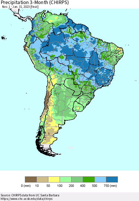 South America Precipitation 3-Month (CHIRPS) Thematic Map For 11/1/2022 - 1/31/2023