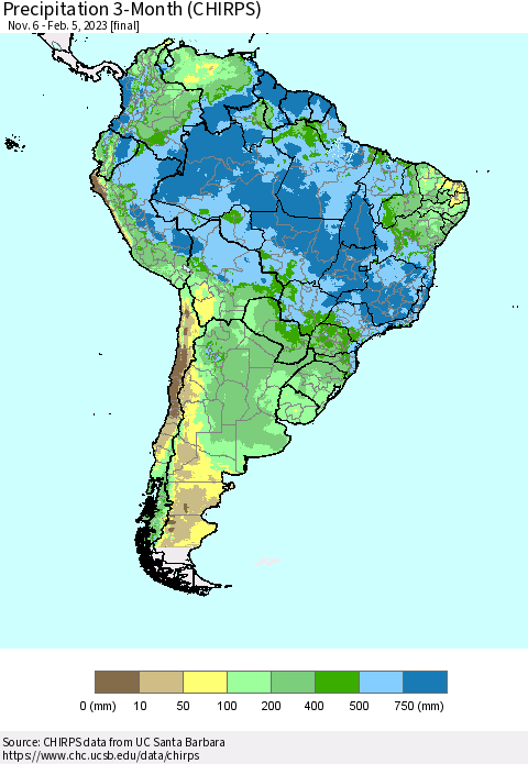 South America Precipitation 3-Month (CHIRPS) Thematic Map For 11/6/2022 - 2/5/2023