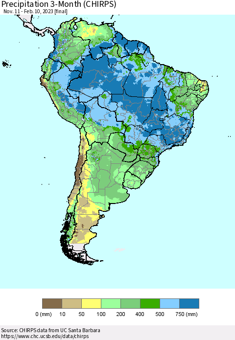South America Precipitation 3-Month (CHIRPS) Thematic Map For 11/11/2022 - 2/10/2023