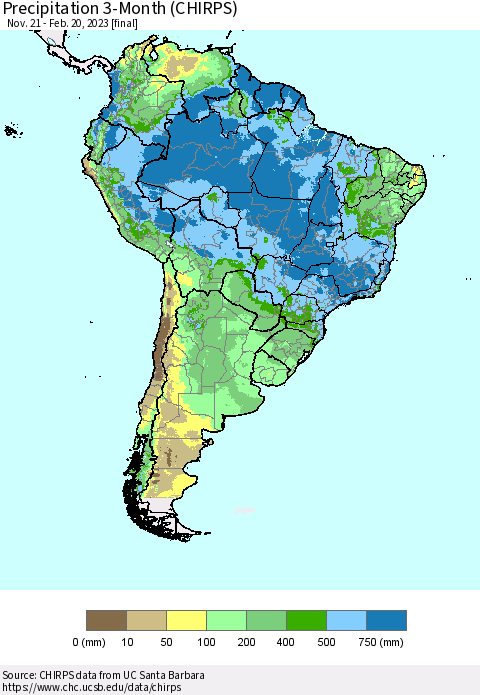 South America Precipitation 3-Month (CHIRPS) Thematic Map For 11/21/2022 - 2/20/2023