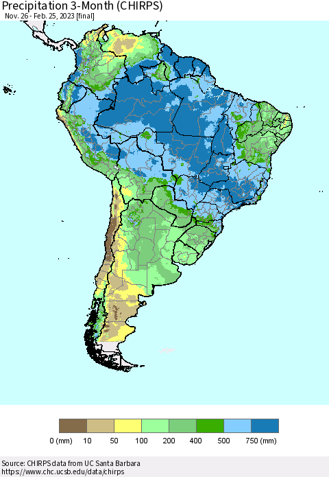 South America Precipitation 3-Month (CHIRPS) Thematic Map For 11/26/2022 - 2/25/2023