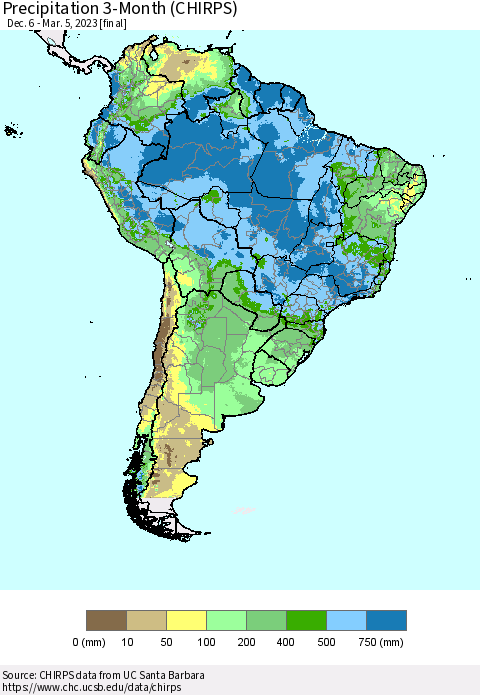 South America Precipitation 3-Month (CHIRPS) Thematic Map For 12/6/2022 - 3/5/2023