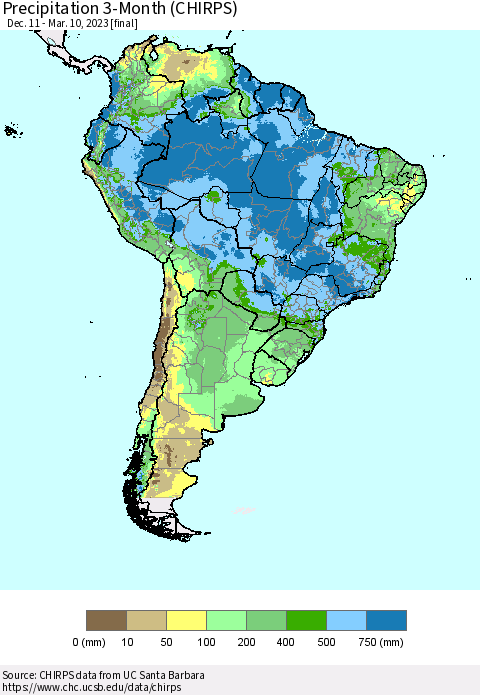 South America Precipitation 3-Month (CHIRPS) Thematic Map For 12/11/2022 - 3/10/2023