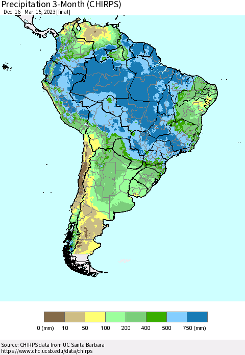South America Precipitation 3-Month (CHIRPS) Thematic Map For 12/16/2022 - 3/15/2023