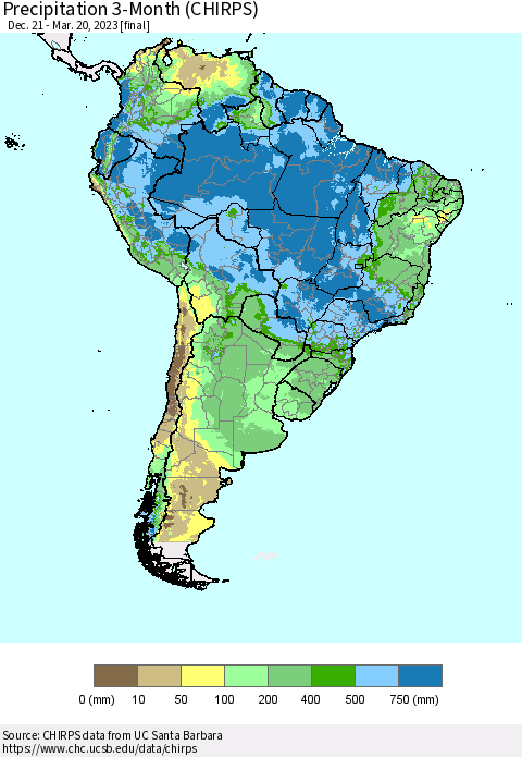 South America Precipitation 3-Month (CHIRPS) Thematic Map For 12/21/2022 - 3/20/2023