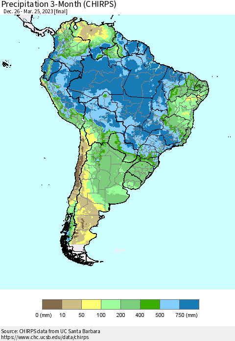South America Precipitation 3-Month (CHIRPS) Thematic Map For 12/26/2022 - 3/25/2023