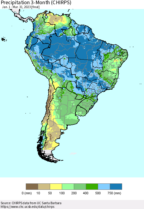 South America Precipitation 3-Month (CHIRPS) Thematic Map For 1/1/2023 - 3/31/2023