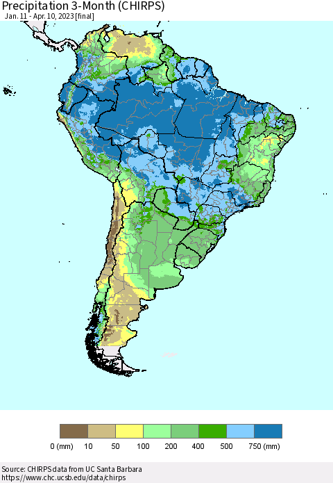 South America Precipitation 3-Month (CHIRPS) Thematic Map For 1/11/2023 - 4/10/2023
