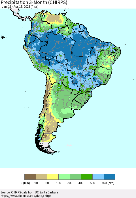 South America Precipitation 3-Month (CHIRPS) Thematic Map For 1/16/2023 - 4/15/2023