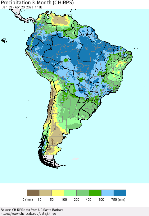 South America Precipitation 3-Month (CHIRPS) Thematic Map For 1/21/2023 - 4/20/2023