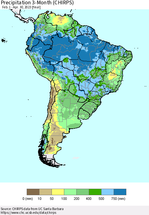 South America Precipitation 3-Month (CHIRPS) Thematic Map For 2/1/2023 - 4/30/2023