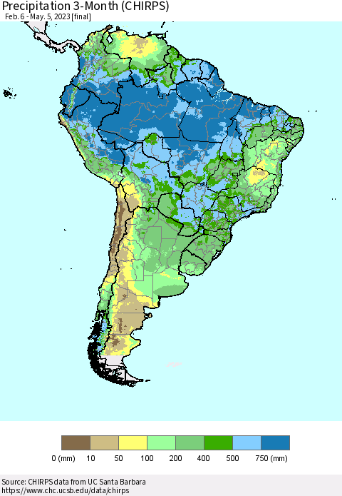 South America Precipitation 3-Month (CHIRPS) Thematic Map For 2/6/2023 - 5/5/2023