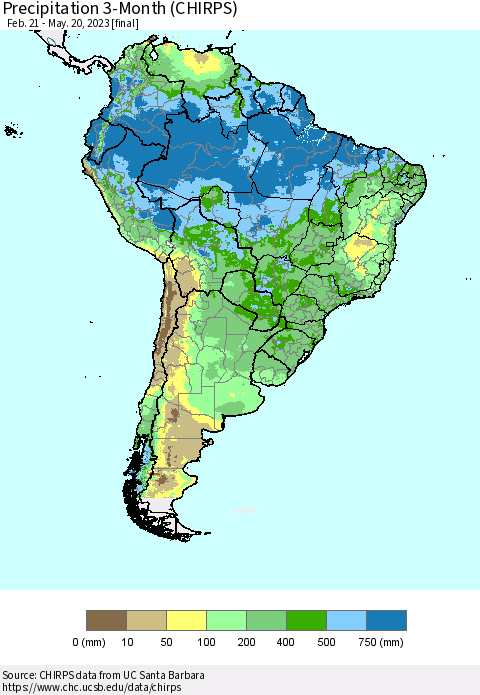 South America Precipitation 3-Month (CHIRPS) Thematic Map For 2/21/2023 - 5/20/2023