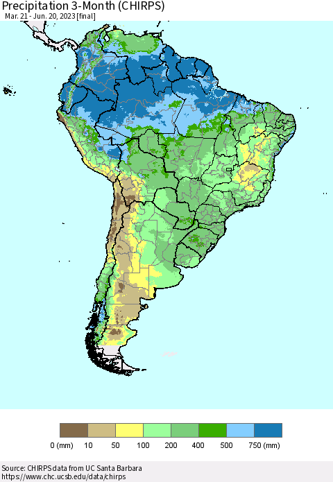 South America Precipitation 3-Month (CHIRPS) Thematic Map For 3/21/2023 - 6/20/2023