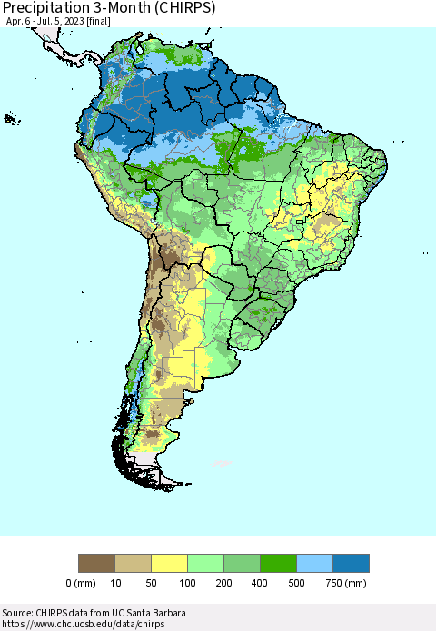 South America Precipitation 3-Month (CHIRPS) Thematic Map For 4/6/2023 - 7/5/2023