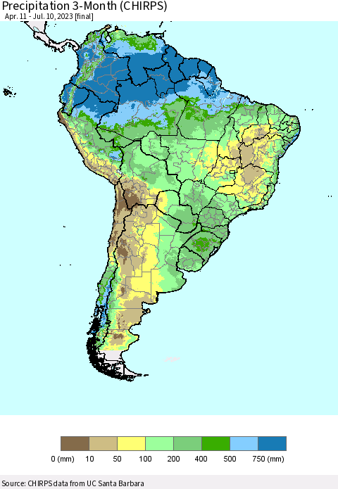 South America Precipitation 3-Month (CHIRPS) Thematic Map For 4/11/2023 - 7/10/2023