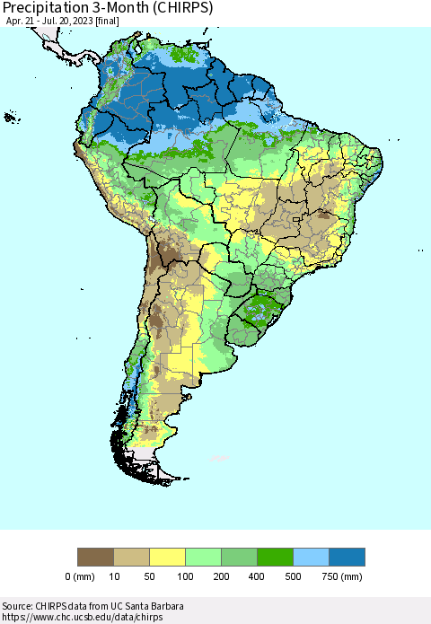 South America Precipitation 3-Month (CHIRPS) Thematic Map For 4/21/2023 - 7/20/2023