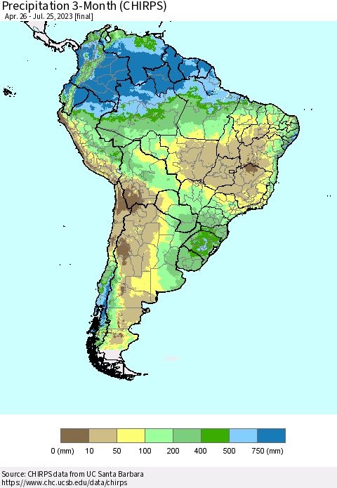 South America Precipitation 3-Month (CHIRPS) Thematic Map For 4/26/2023 - 7/25/2023