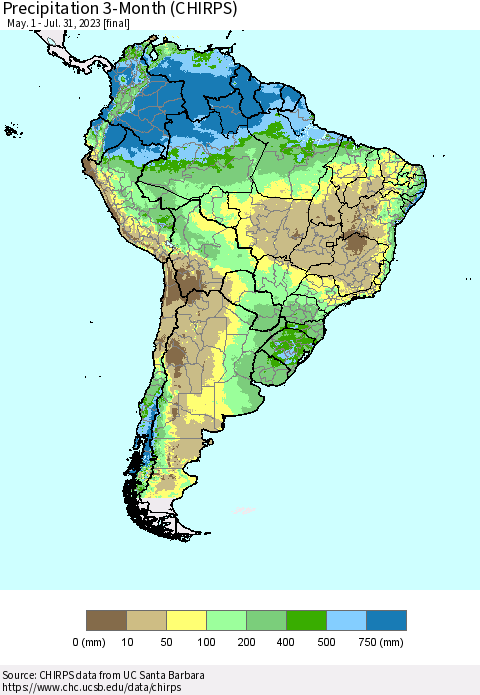 South America Precipitation 3-Month (CHIRPS) Thematic Map For 5/1/2023 - 7/31/2023