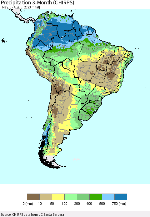 South America Precipitation 3-Month (CHIRPS) Thematic Map For 5/6/2023 - 8/5/2023