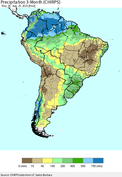 South America Precipitation 3-Month (CHIRPS) Thematic Map For 5/26/2023 - 8/25/2023