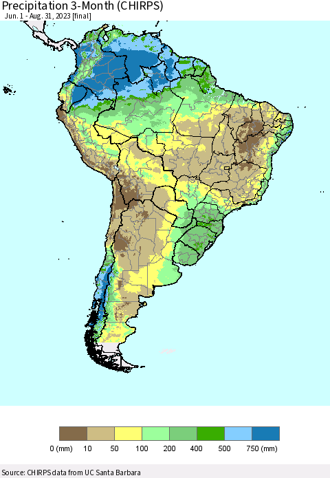 South America Precipitation 3-Month (CHIRPS) Thematic Map For 6/1/2023 - 8/31/2023