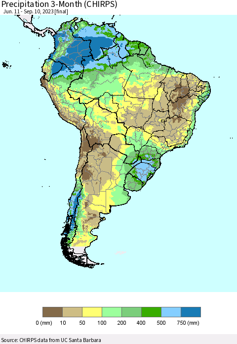 South America Precipitation 3-Month (CHIRPS) Thematic Map For 6/11/2023 - 9/10/2023