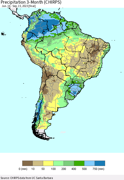 South America Precipitation 3-Month (CHIRPS) Thematic Map For 6/16/2023 - 9/15/2023