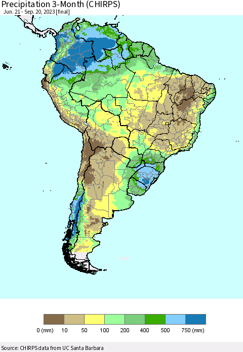 South America Precipitation 3-Month (CHIRPS) Thematic Map For 6/21/2023 - 9/20/2023