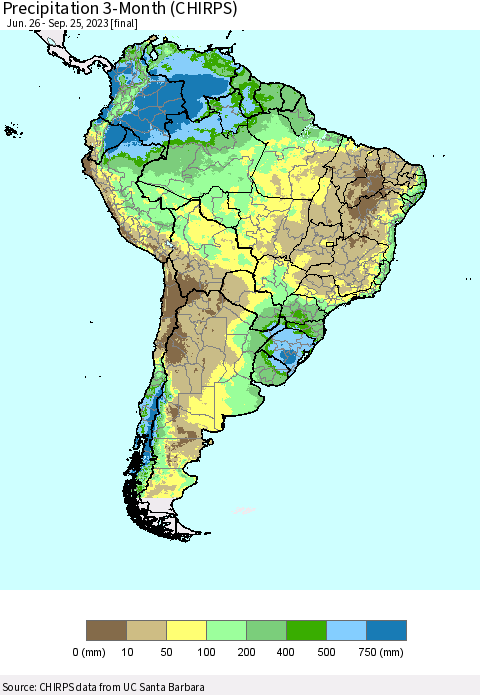 South America Precipitation 3-Month (CHIRPS) Thematic Map For 6/26/2023 - 9/25/2023