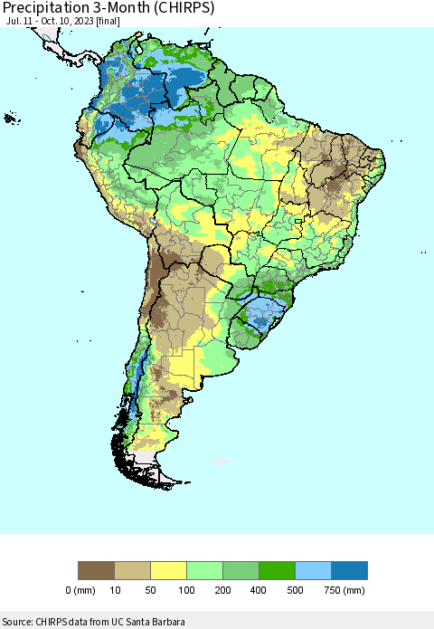 South America Precipitation 3-Month (CHIRPS) Thematic Map For 7/11/2023 - 10/10/2023